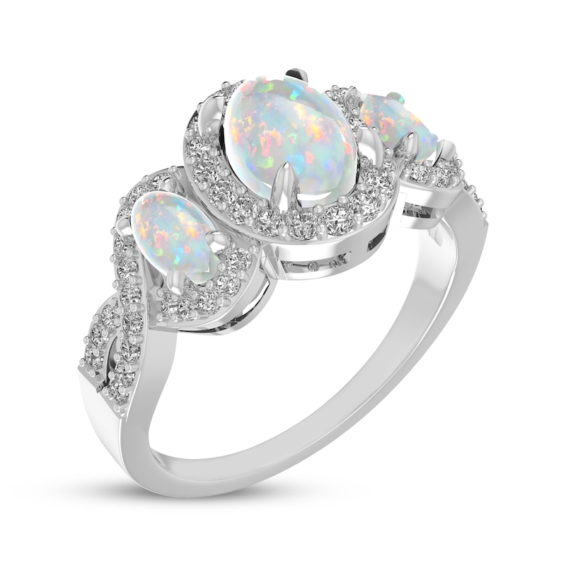 Main Image 2 of Oval-Cut Lab-Created Opal & White Lab-Created Sapphire Three-Stone Ring Sterling Silver