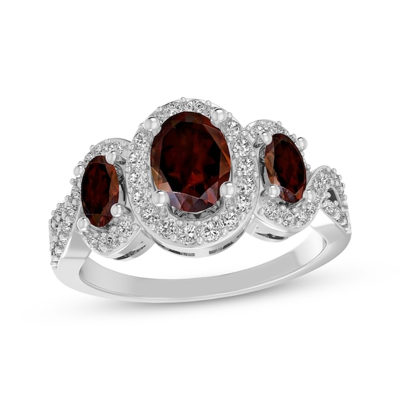 Oval-Cut Garnet & White Lab-Created Sapphire Three-Stone Ring Sterling Silver