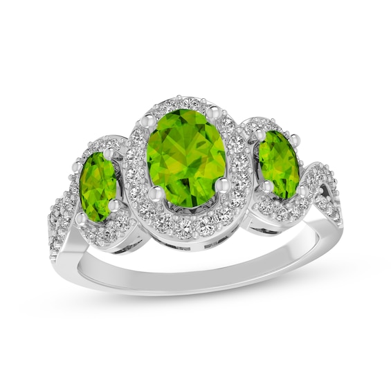 Oval-Cut Peridot & White Lab-Created Sapphire Three-Stone Ring Sterling Silver