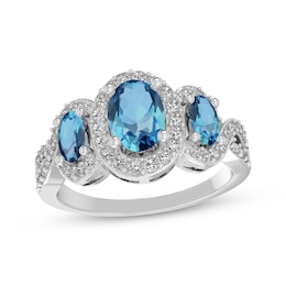 Oval-Cut Swiss Blue Topaz & White Lab-Created Sapphire Three-Stone Ring Sterling Silver