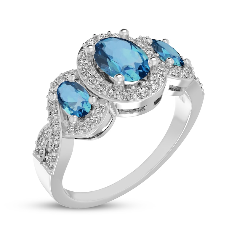 Main Image 2 of Oval-Cut Swiss Blue Topaz & White Lab-Created Sapphire Three-Stone Ring Sterling Silver