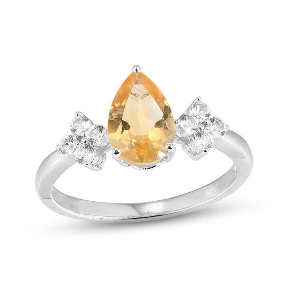 Pear-Shaped Citrine & White Lab-Created Sapphire Ring Sterling Silver