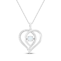 Lab-Created Opal & White Lab-Created Sapphire Heart Necklace Sterling Silver 18&quot;