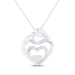 Heart-Shaped Lab-Created Opal & White Lab-Created Sapphire Mother & Child Heart Necklace Sterling Silver 18&quot;