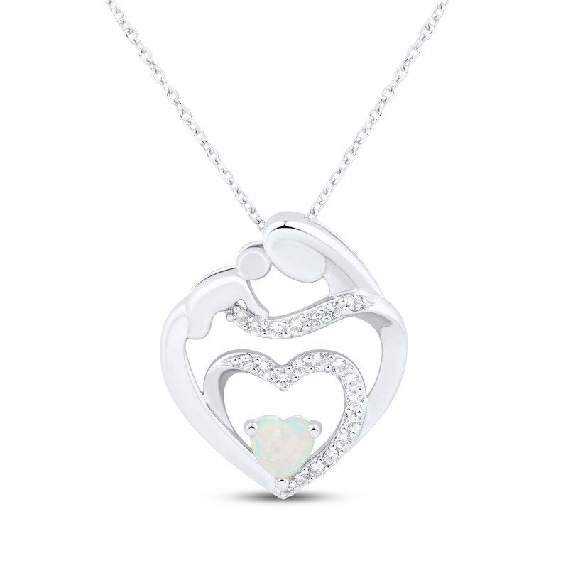 Main Image 1 of Heart-Shaped Lab-Created Opal & White Lab-Created Sapphire Mother & Child Heart Necklace Sterling Silver 18&quot;