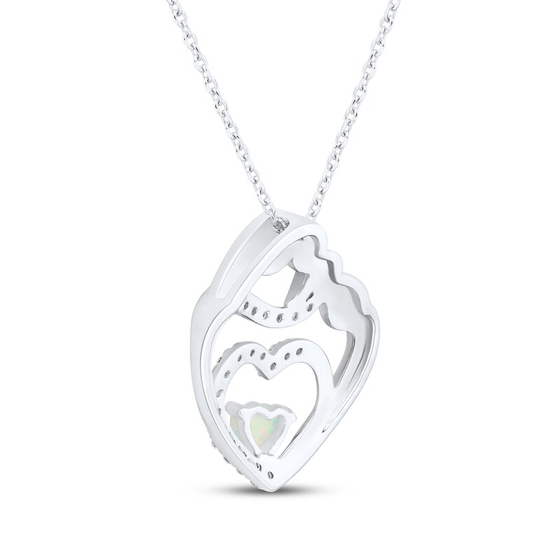 Main Image 3 of Heart-Shaped Lab-Created Opal & White Lab-Created Sapphire Mother & Child Heart Necklace Sterling Silver 18&quot;