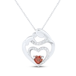 Heart-Shaped Garnet & White Lab-Created Sapphire Mother & Child Heart Necklace Sterling Silver 18&quot;