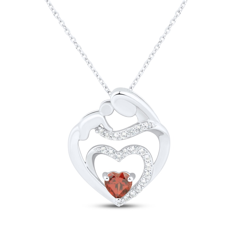 Main Image 1 of Heart-Shaped Garnet & White Lab-Created Sapphire Mother & Child Heart Necklace Sterling Silver 18&quot;