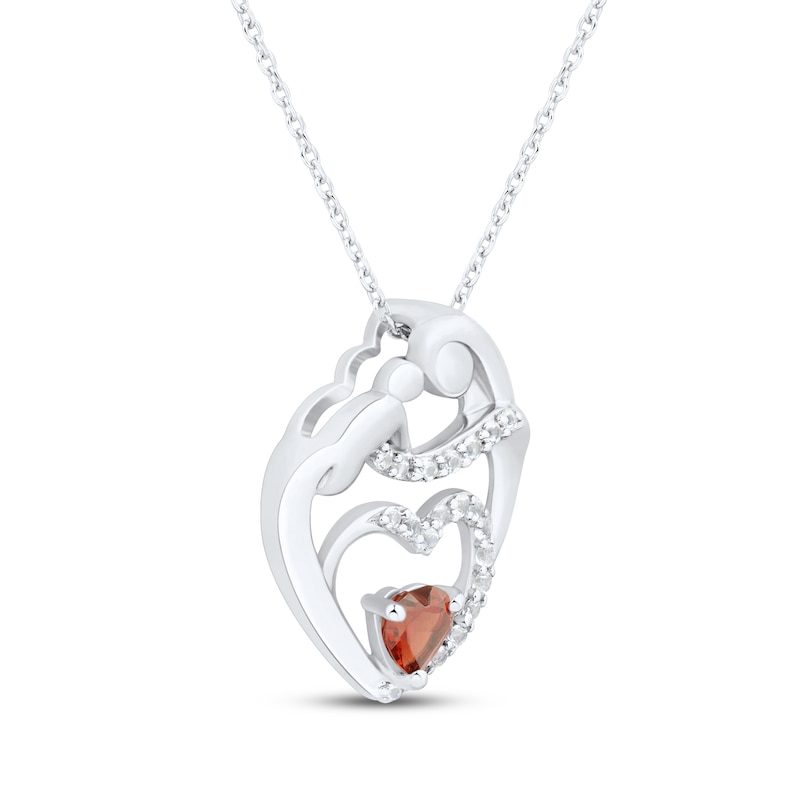 Main Image 2 of Heart-Shaped Garnet & White Lab-Created Sapphire Mother & Child Heart Necklace Sterling Silver 18&quot;