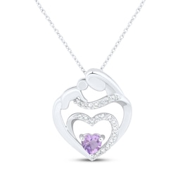 Heart-Shaped Amethyst & White Lab-Created Sapphire Mother & Child Heart Necklace Sterling Silver 18&quot;