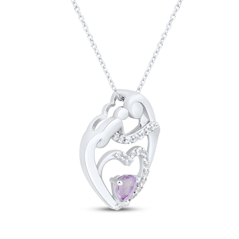 Heart-Shaped Amethyst & White Lab-Created Sapphire Mother & Child Heart Necklace Sterling Silver 18"