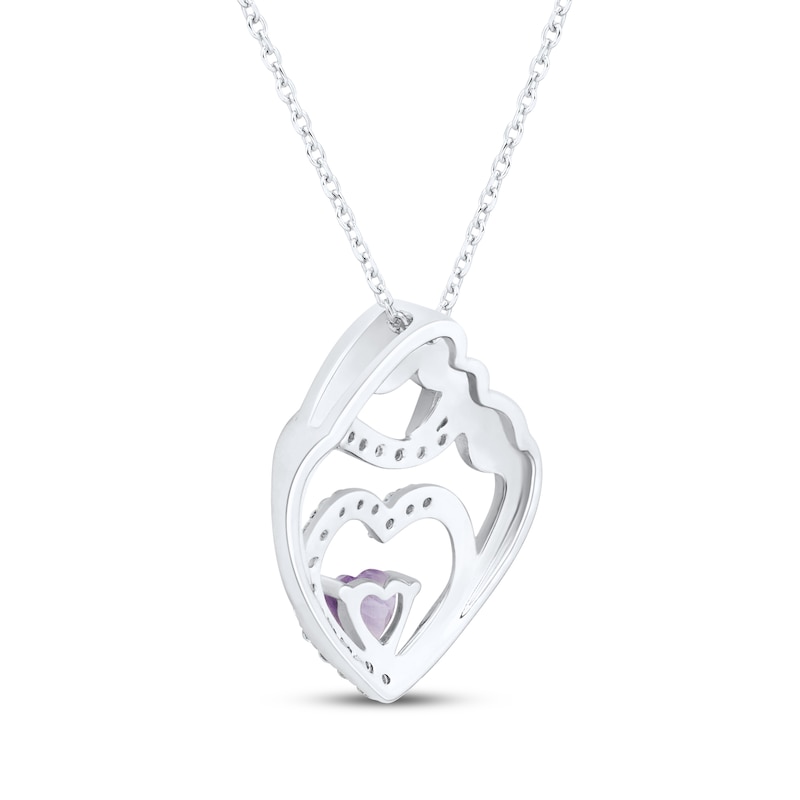 Heart-Shaped Amethyst & White Lab-Created Sapphire Mother & Child Heart Necklace Sterling Silver 18"