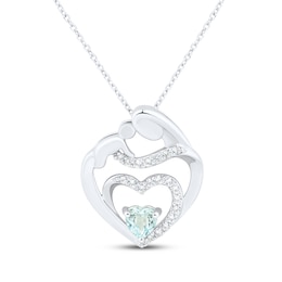 Heart-Shaped Aquamarine & White Lab-Created Sapphire Mother & Child Heart Necklace Sterling Silver 18&quot;