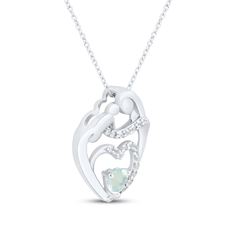 Heart-Shaped Aquamarine & White Lab-Created Sapphire Mother & Child Heart Necklace Sterling Silver 18"