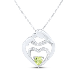 Heart-Shaped Peridot & White Lab-Created Sapphire Mother & Child Heart Necklace Sterling Silver 18&quot;