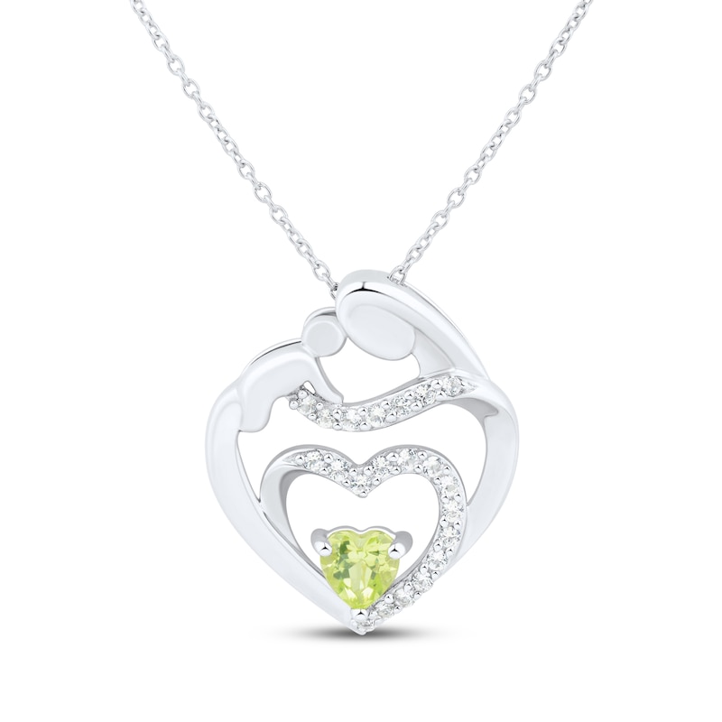 Main Image 1 of Heart-Shaped Peridot & White Lab-Created Sapphire Mother & Child Heart Necklace Sterling Silver 18&quot;