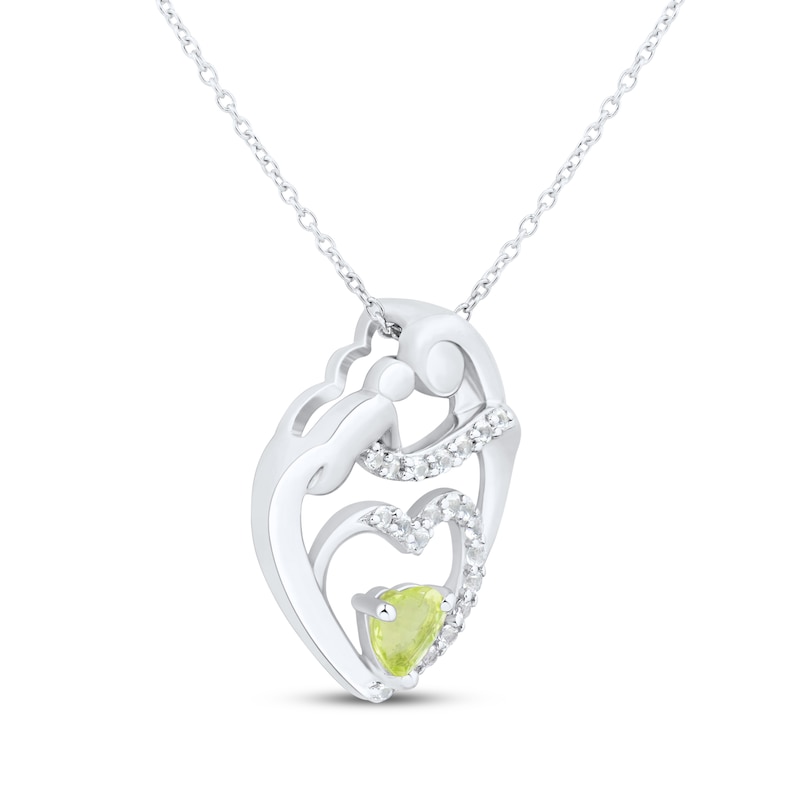 Main Image 2 of Heart-Shaped Peridot & White Lab-Created Sapphire Mother & Child Heart Necklace Sterling Silver 18&quot;