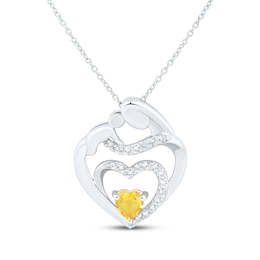 Heart-Shaped Citrine & White Lab-Created Sapphire Mother & Child Heart Necklace Sterling Silver 18&quot;