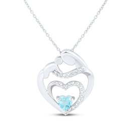 Heart-Shaped Swiss Blue Topaz & White Lab-Created Sapphire Mother & Child Heart Necklace Sterling Silver 18&quot;