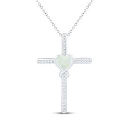 Heart-Shaped Lab-Created Opal & White Lab-Created Sapphire Cross Necklace Sterling Silver 18&quot;