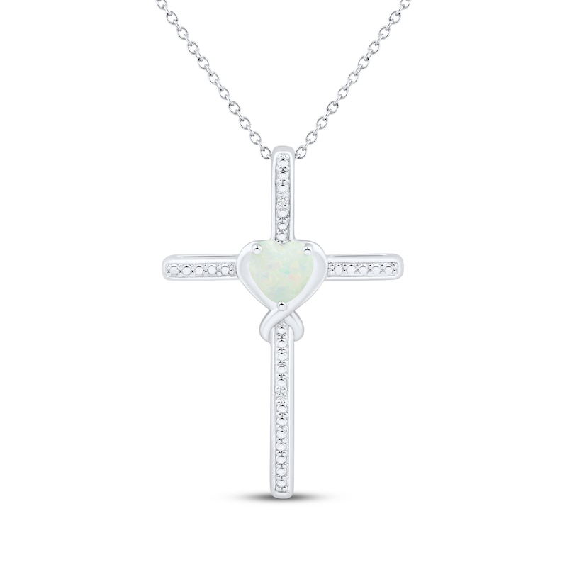 Heart-Shaped Lab-Created Opal & White Lab-Created Sapphire Cross Necklace Sterling Silver 18"