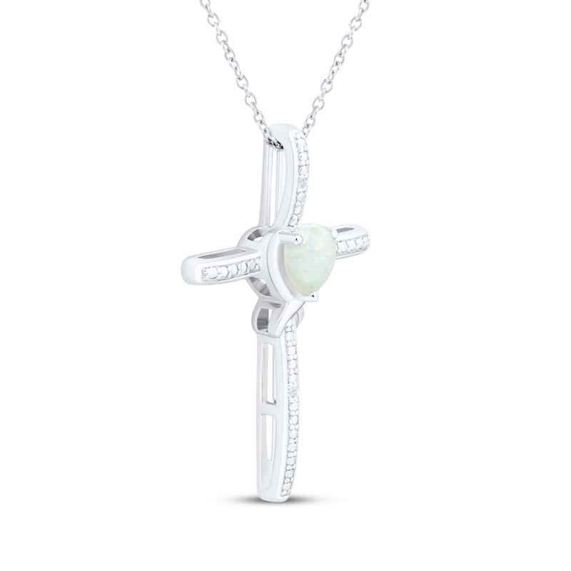 Heart-Shaped Lab-Created Opal & White Lab-Created Sapphire Cross Necklace Sterling Silver 18"