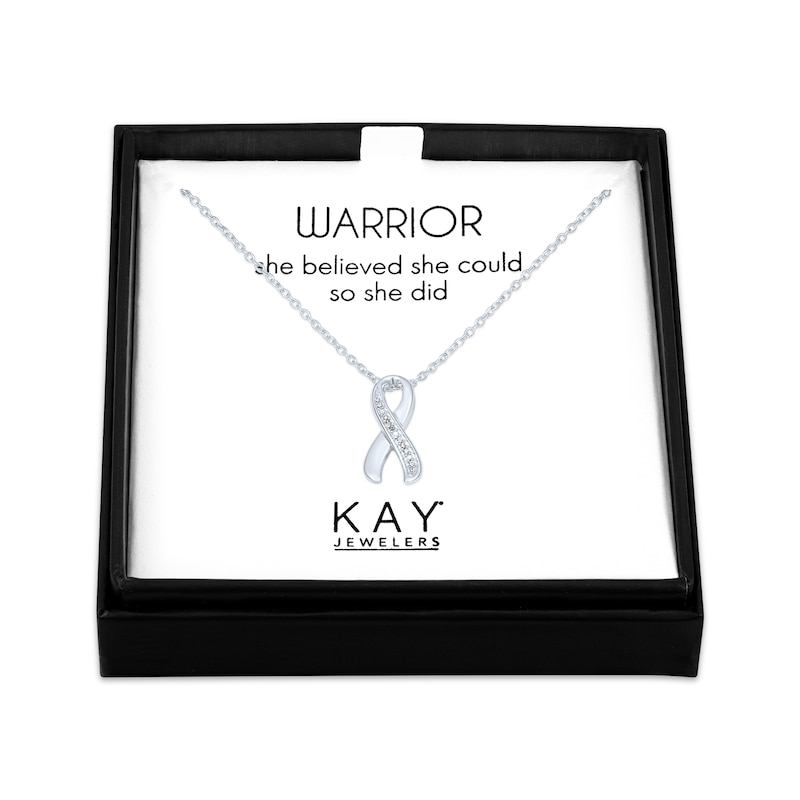 Gift Boxed Awareness Ribbon Diamond Accent Necklace Sterling Silver 18"