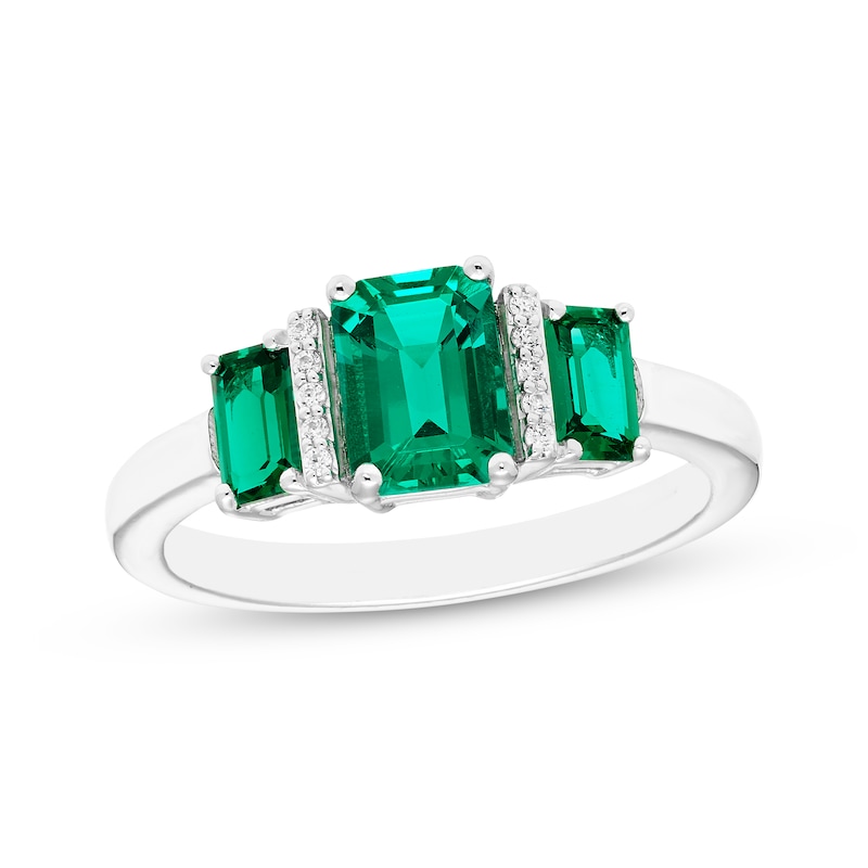 Main Image 1 of Memories Moments Magic Lab-Created Emerald & Diamond Accent Three-Stone Ring Sterling Silver