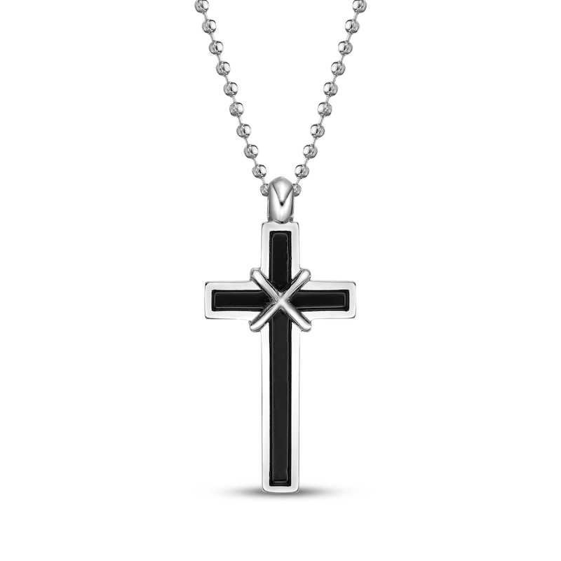 Main Image 1 of Men's Black Enamel Cross Necklace Stainless Steel 22&quot;