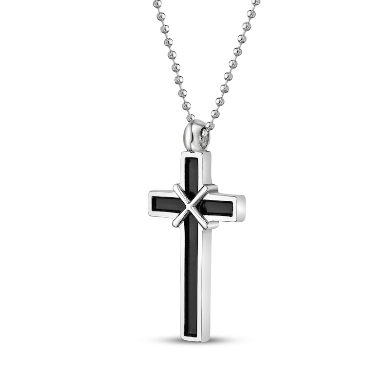 Main Image 2 of Men's Black Enamel Cross Necklace Stainless Steel 22&quot;