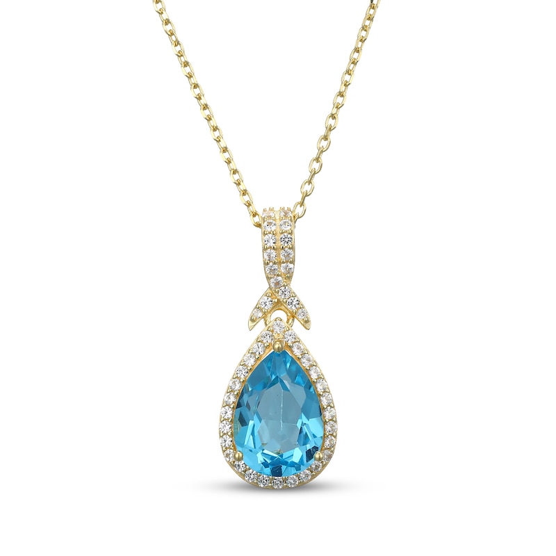 Main Image 1 of Pear-Shaped Swiss Blue Topaz & White Lab-Created Sapphire Necklace 18K Yellow Gold-Plated Sterling Silver 18&quot;