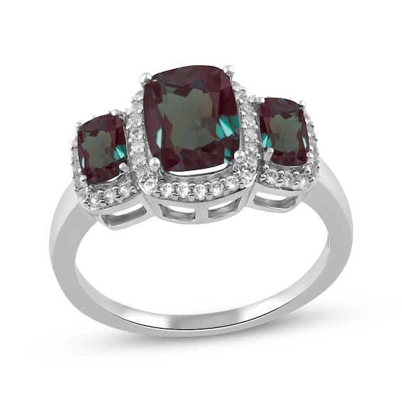 Cushion-Cut Lab-Created Alexandrite & White Lab-Created Sapphire Three-Stone Ring Sterling Silver