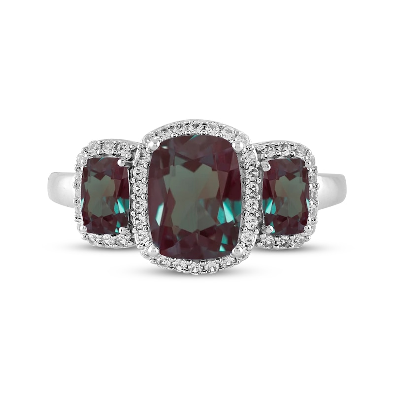 Main Image 3 of Cushion-Cut Lab-Created Alexandrite & White Lab-Created Sapphire Three-Stone Ring Sterling Silver