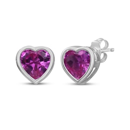 Heart-Shaped Pink Lab-Created Sapphire Stud Earrings Sterling Silver