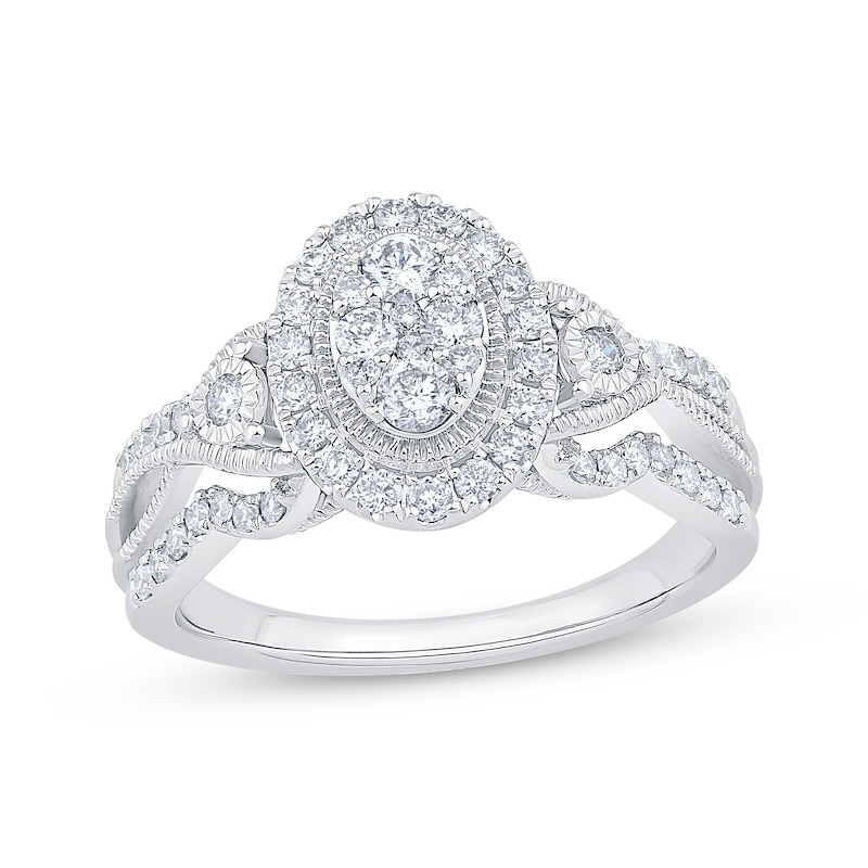 Main Image 1 of Multi-Diamond Center Oval-Shape Engagement Ring 5/8 ct tw 14K White Gold