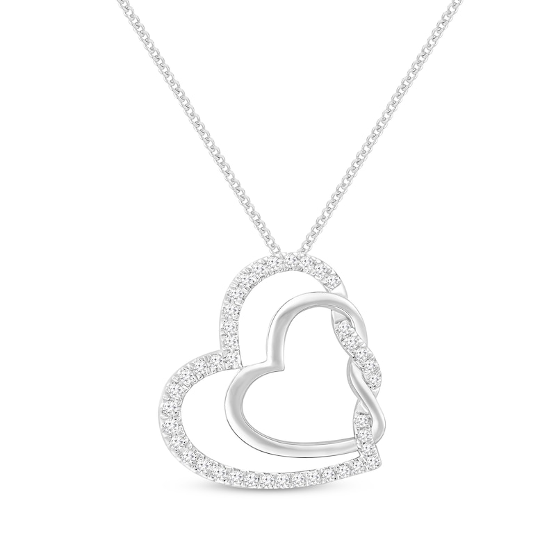 Diamond Tilted Double Heart Twist Necklace 1/4 ct tw Sterling Silver 19"