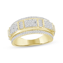 Men's Baguette & Round-Cut Diamond Fashion Ring 1 ct tw 10K Yellow Gold