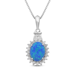 Oval-Cut Blue Lab-Created Opal & White Lab-Created Sapphire Halo Necklace Sterling Silver 18&quot;