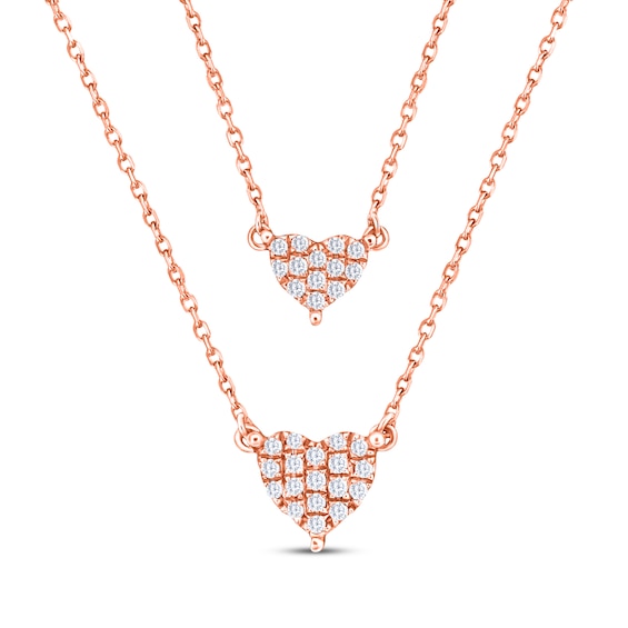 Diamond Double Heart Layered Necklace 1/10 ct tw 10K Rose Gold 16"