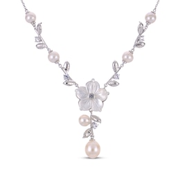 Cultured Pearl, White Lab-Created Sapphire & Mother-of-Pearl Y-Drop Flower Necklace Sterling Silver 18&quot;