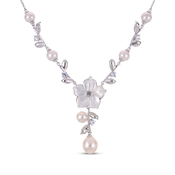 Cultured Pearl, White Lab-Created Sapphire & Mother-of-Pearl Y-Drop Flower Necklace Sterling Silver 18"