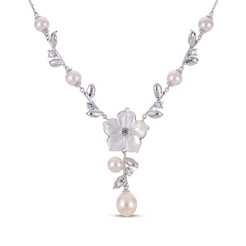 Main Image 1 of Cultured Pearl, White Lab-Created Sapphire & Mother-of-Pearl Y-Drop Flower Necklace Sterling Silver 18&quot;