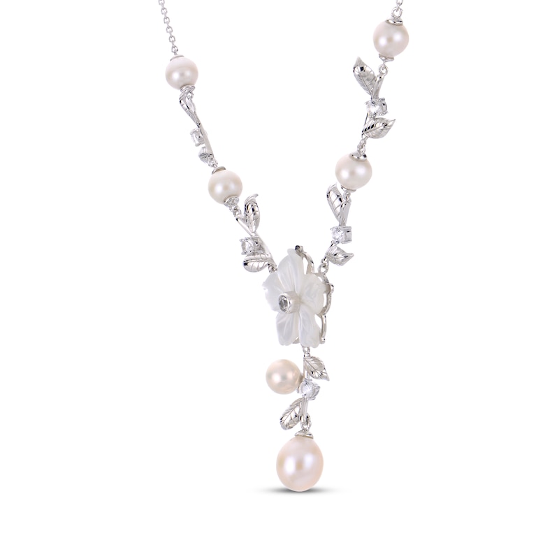 Main Image 2 of Cultured Pearl, White Lab-Created Sapphire & Mother-of-Pearl Y-Drop Flower Necklace Sterling Silver 18&quot;