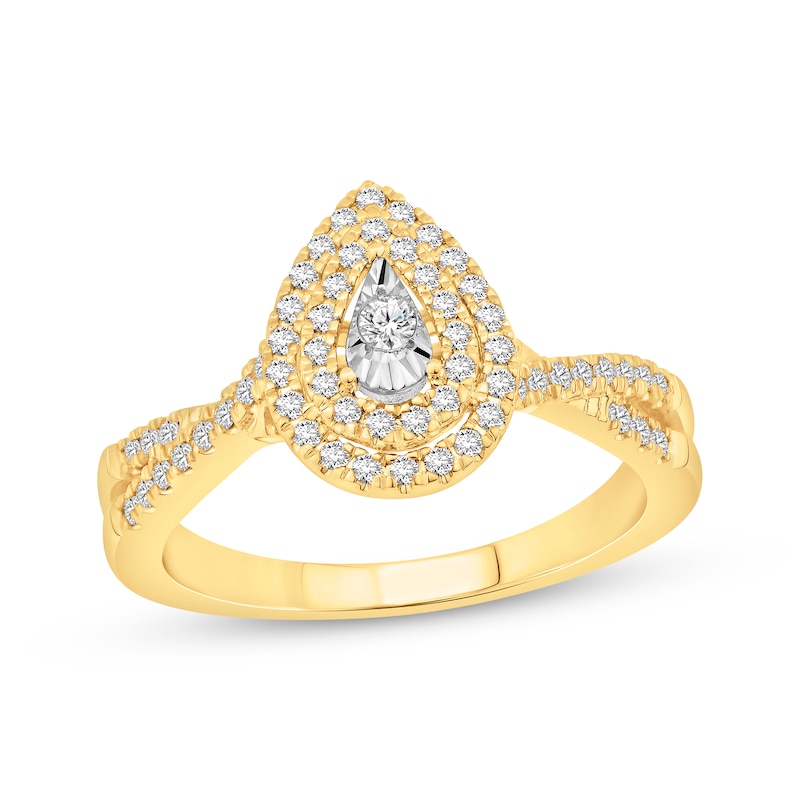 Main Image 1 of Round-Cut Diamond Double Pear Halo Engagement Ring 1/3 ct tw 10K Yellow Gold