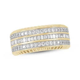 Men's Round & Baguette-Cut Diamond Multi-Row Anniversary Band 1 ct tw 10K Yellow Gold