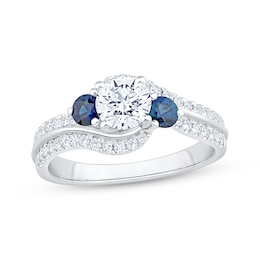 Memories Moments Magic Round-Cut Diamond & Blue Sapphire Three-Stone Bypass Engagement Ring 1 ct tw 14K White Gold