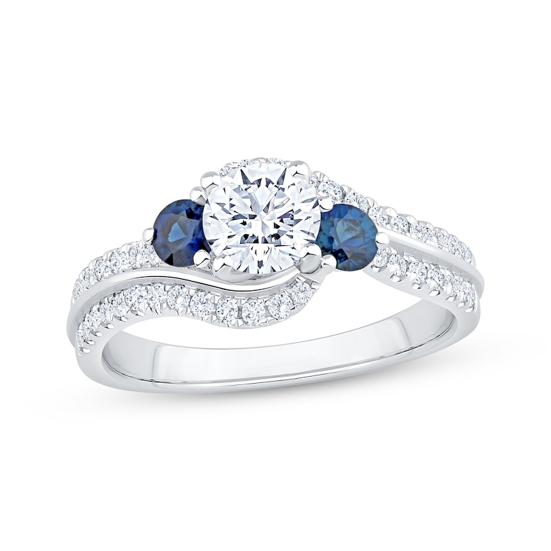 Main Image 1 of Memories Moments Magic Round-Cut Diamond & Blue Sapphire Three-Stone Bypass Engagement Ring 1 ct tw 14K White Gold