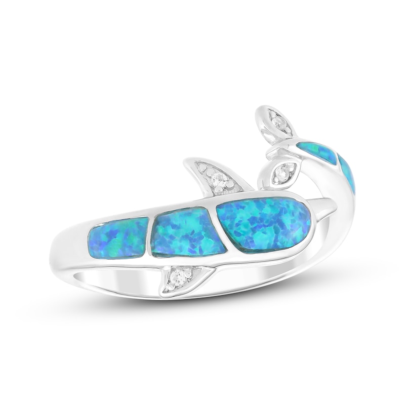 Blue-Green Lab-Created Opal & White Lab-Created Sapphire Dolphin Ring Sterling Silver