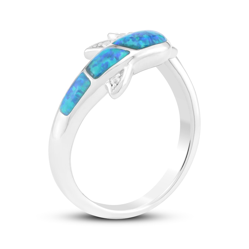 Blue-Green Lab-Created Opal & White Lab-Created Sapphire Dolphin Ring Sterling Silver