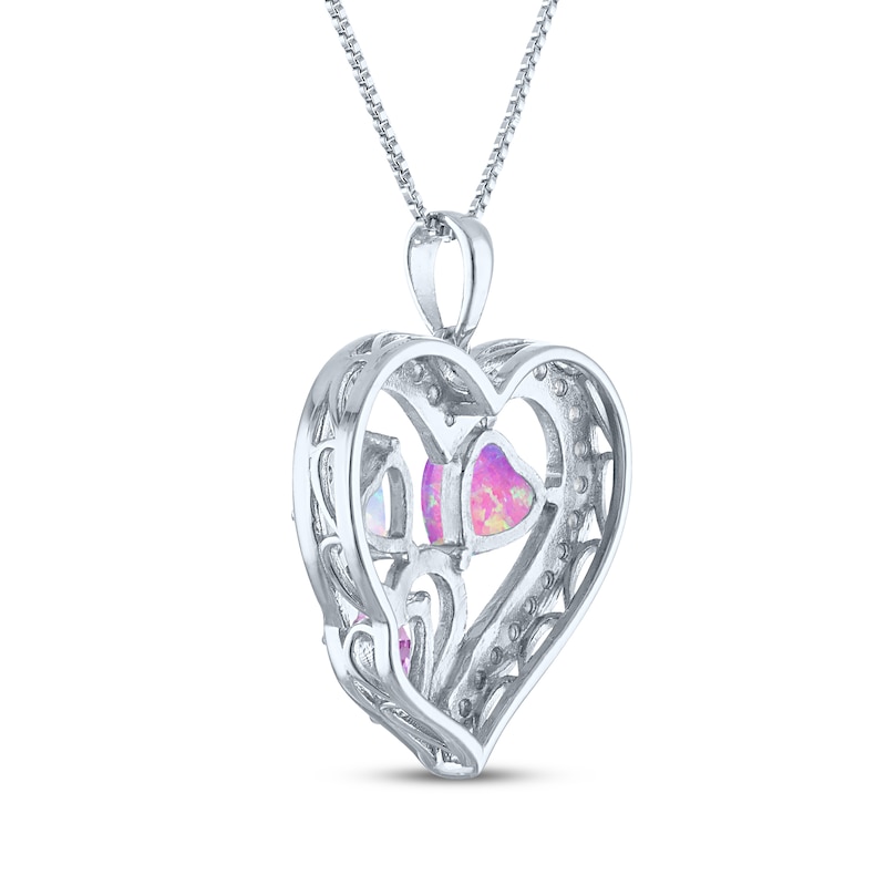 Main Image 3 of Pink & White Lab-Created Opal, Pink & White Lab-Created Sapphire Heart Necklace Sterling Silver